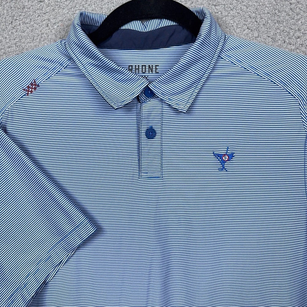 Rhone Polo Shirt Mens M Blue Striped Golf Performance Stretch Ocean Reef Club